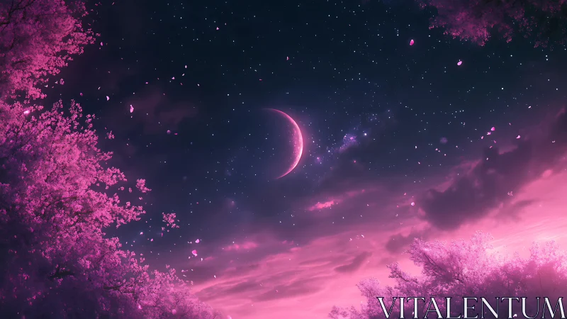 Crescent moon over luminous pink cherry blossom night sky.