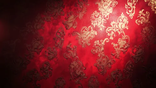 Ornate gold damask shimmers over deep red fabric glow.