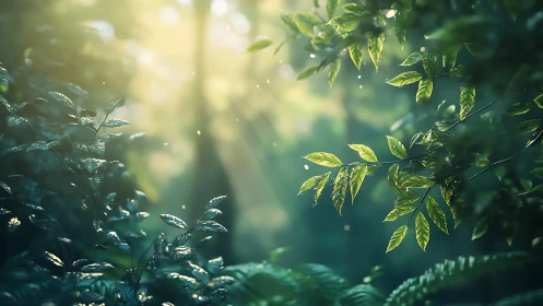 Sunlit Forest Leaves in Morning Glow.