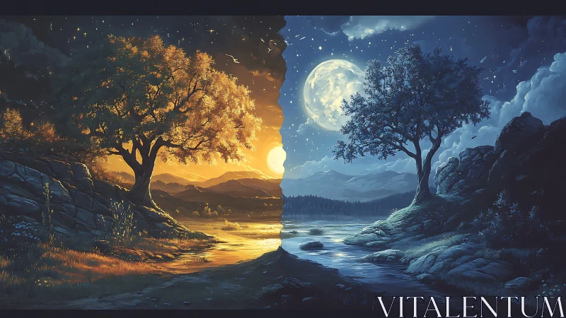 Dual landscape with mirrored trees at day and night.