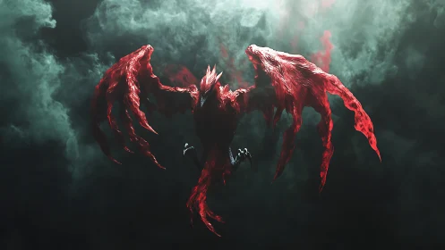 Volumetric-rendered crimson wraith bird emerging from stormclouds.