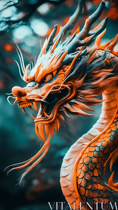 Coiled dragon head in teal and orange digital rendering.