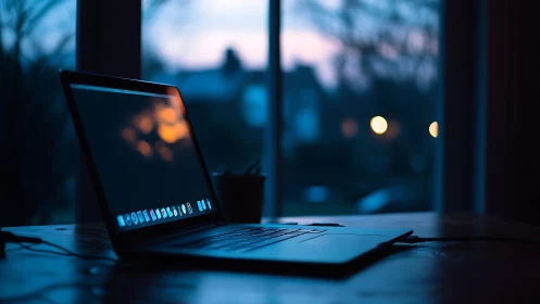 Quiet laptop workspace glows gently against the evening window