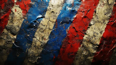 Weathered red, blue, and cream stripes evoke rugged decay.