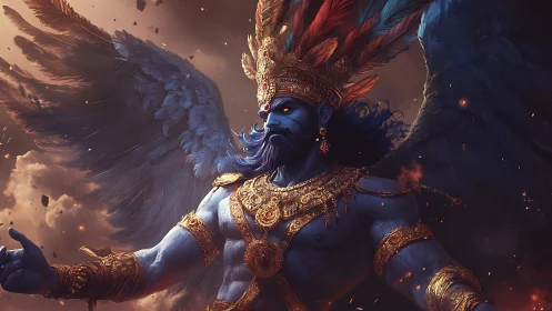 Winged blue deity in molten sky, adorned with fiery crown.