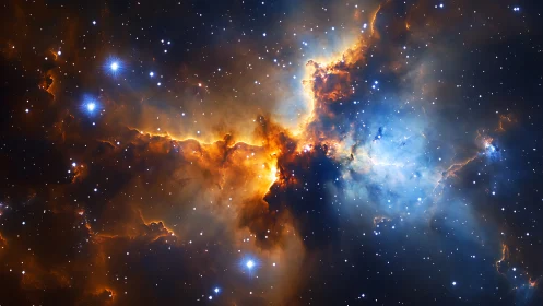 Nebula core illuminated by blue and amber stellar light.