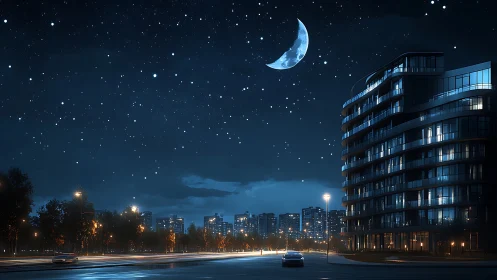 Modern city skyline under starry night sky and crescent moon.