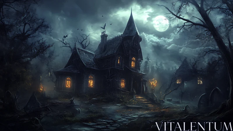 Haunted mansion stands under full moon in foggy graveyard