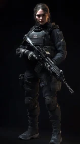Calm tactical soldier stands ready in sleek modern armor