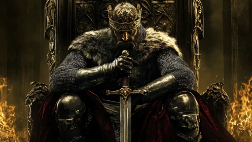 Armored monarch sits on carved throne with sword centered