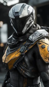 Armored sci fi operative in yellow tactical exosuit portrait.