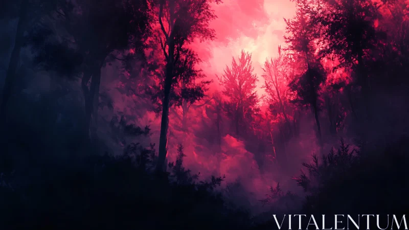 Digital forest scene shows strong magenta backlighting in haze
