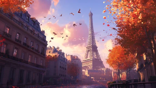 Eiffel Tower in vivid autumn light over Paris streets.