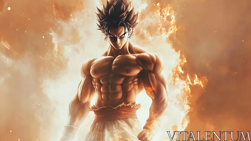 Fiery anime warrior rising from a storm of glowing embers.