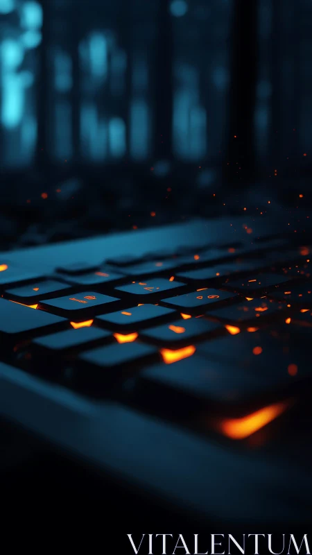 Backlit keyboard glows like embers in blurred forest night.