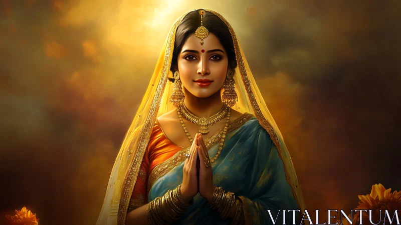 Elegant Indian Woman in Traditional Attire with Golden Aura.