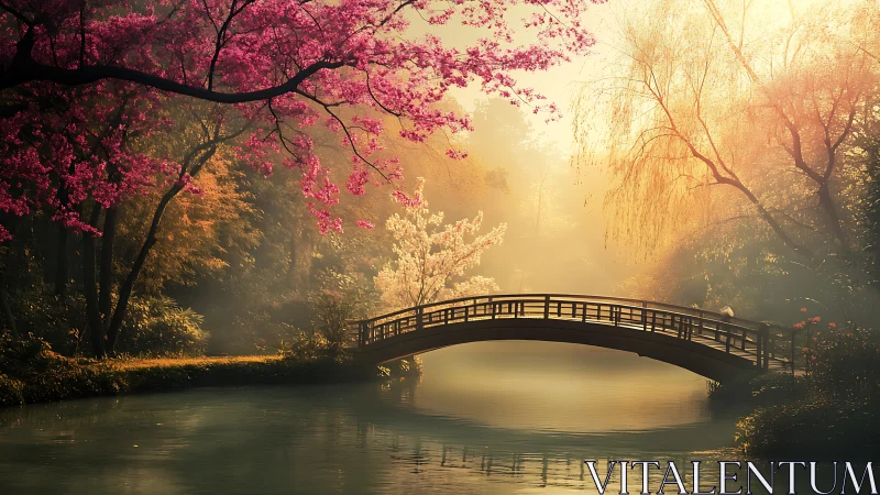Soft morning bridge under dreamy cherry blossoms glow.