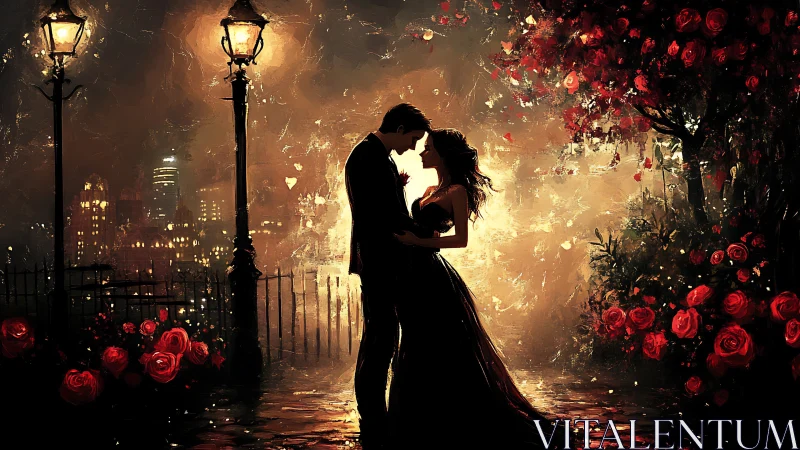 Silhouetted Couple Embracing Amid Nocturnal Urban Landscape with Luminous Atmospheric Effects.