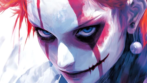 Pierrot revenant with razor smile and electric stare.