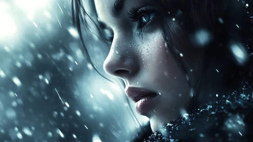 Young woman&rsquo;s frozen gaze cuts through a swirling snowstorm