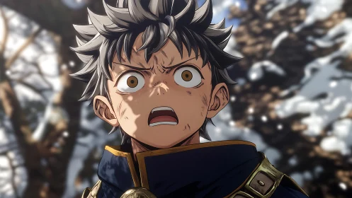 Snowlit gasp of a young hero on the edge of battle.