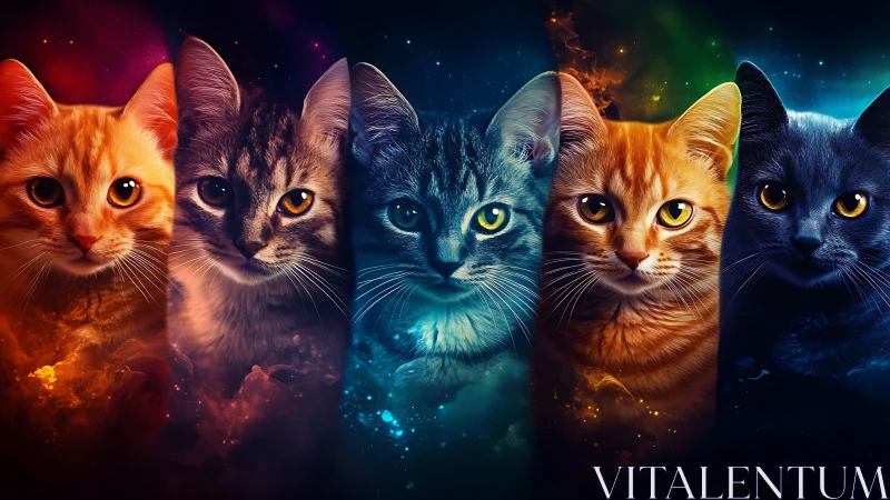Five Cosmic Felines: Neon Eyes Gazing Through Stardust.