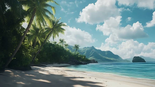 Tropical Shoreline with Verdant Palms and Azure Waters.