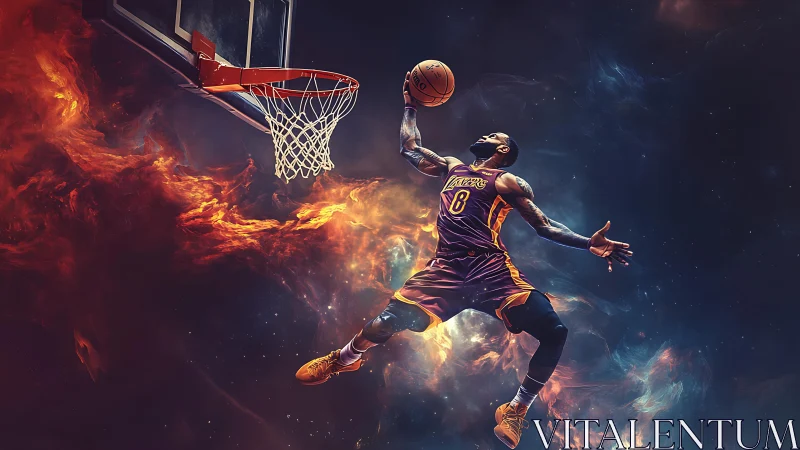 Explosive basketball dunk rendered in cosmic, high-contrast digital art