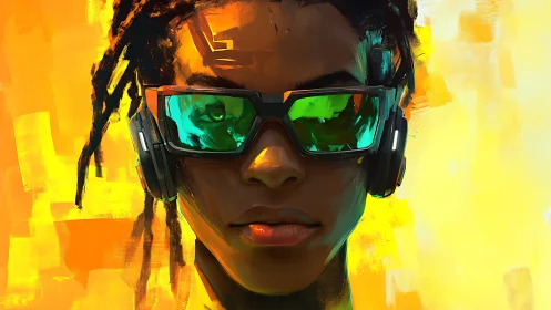 Headset and visor portrait against abstract yellow ground.