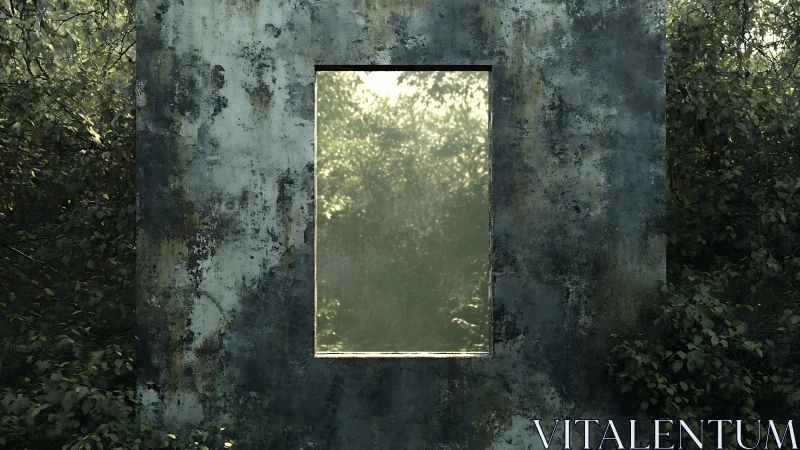 Corroded monolith window framing diffuse forest luminance.