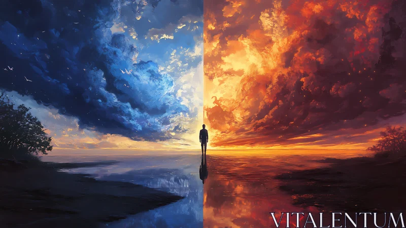 Silhouetted figure between dual-color storm skies at dusk.