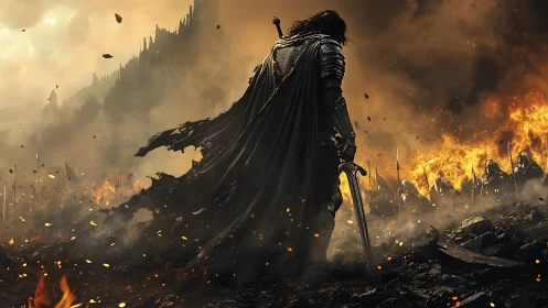 Armored warrior in burned battlefield with advancing troops.