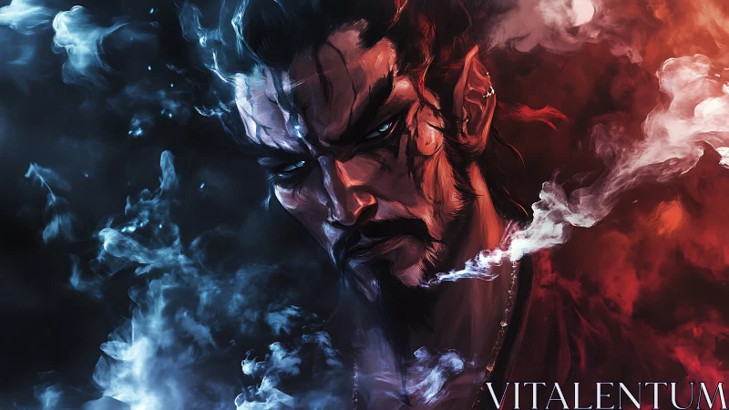 Bicolored smoke surrounding stern male figure portrait.