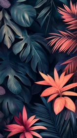 Tropical foliage pattern with contrasting warm and cool tones.
