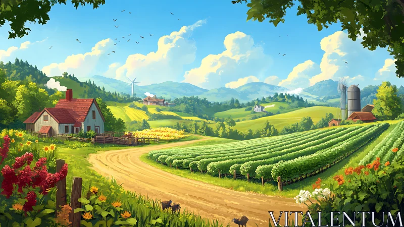 Luminous agrarian valley with layered farms and cloud topology.