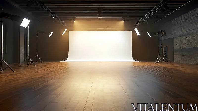 Wide-angle view of professional cyclorama studio lighting setup.