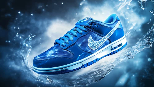 Electric blue sneaker floating in dynamic water splash glow.