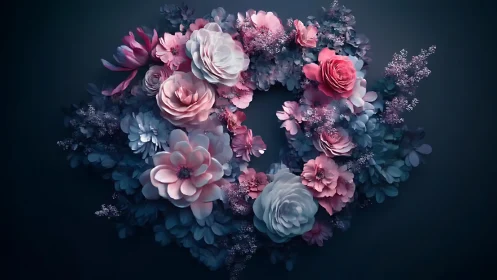 Blooming Heart: Pink and Blue Floral Composition.