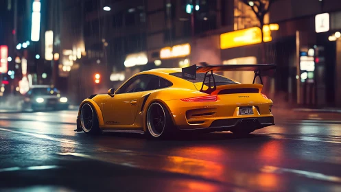 Yellow GT3 sports car anchors a neon-lit wet urban streetscape