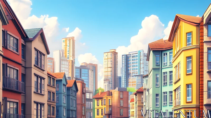 Colorful low-rise street with modern high-rise skyline backdrop.