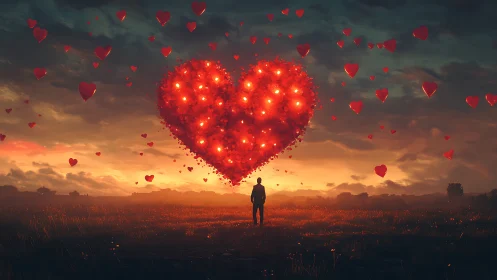 Solitary Figure Observes Luminous Heart Formation Against Sunset Sky