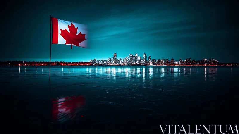 Canadian flag glowing over a serene neon city skyline.