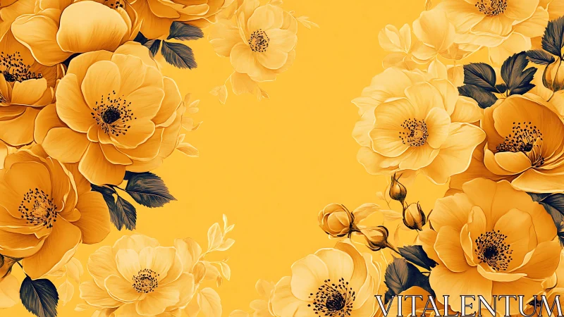 Golden Floral Composition with Dark Foliage Elements.