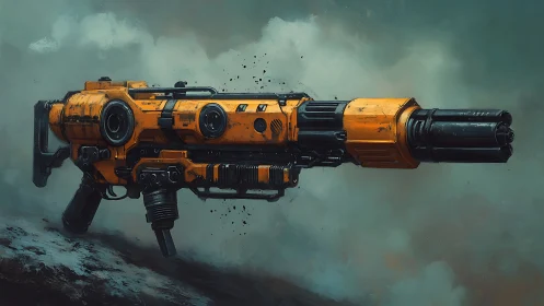 Futuristic orange sci fi rifle floats amid stormy battle fog