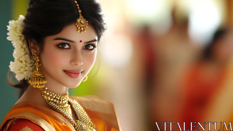 Woman in traditional attire is shown in soft frontal portrait