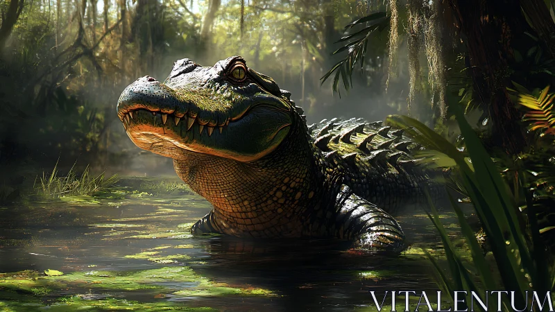 Cinematic digital alligator portrait in dappled swamp light