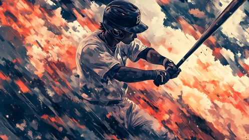 Explosive brushstroke portrait of baseball batter in motion.