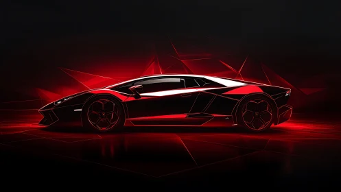 Futuristic red supercar profile in neon geometric lightscape.