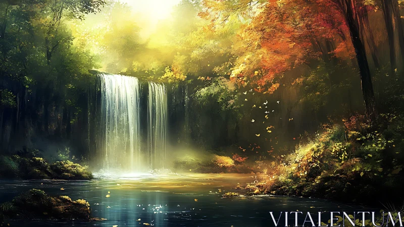 Cascade waterfall with volumetric light rays through autumn forest canopy.