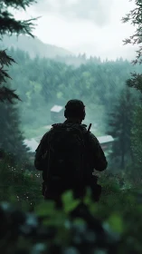 Solitary equipped figure observes distant rural buildings